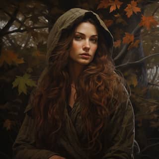 with long hair and hood in the style of noah bradley jessica drossin nature painter expanded portraiture detailed shading