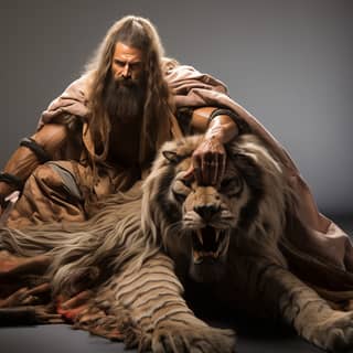 Un hombre con el pelo largo y barba se sienta en un león mientras usa una piel de león como abrigo, mostrando sus grandes músculos.