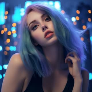 Mavi saçlı ve lüks havuz tarzında arka planı olan kadın.