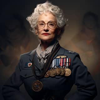 A white old lady with white curly hair wearing glasses in a General uniform with lots of medals