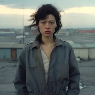 35-летняя женщина из северо-востока Казахстана стоит на крыше в куртке, с грустным выражением лица, в одежде из СССР 1987 года.