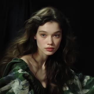 Astrid Berges-Frisbey mengenakan gaun renaisans fantasi hijau panjang dengan korset, rok mengalir, dan blus krim.