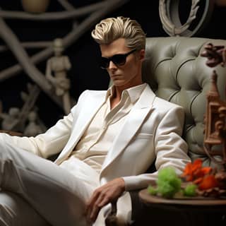 David Bowie as a white pimp wide angle diorama, in a white suit and sunglasses sitting on a chair