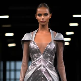 Um modelo com características futuristas elegantes acentuadas por maquiagem dramática desfila na passarela em um vestido prateado com cortes assimétricos e padrões geométricos, acessorizado com uma máscara metálica prateada e luvas com detalhes holográficos.