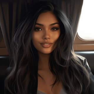 an illustration of woman long black hair wearing a black crop top leather jacket jean shorts posing and sitting on a train