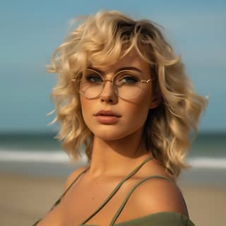 blonde woman with the body type of Lizzo she has large glasses she is at the beach