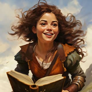 Uma pequena mulher meio halfling com cabelos longos está viajando em uma estrada de campo, carregando um livro encadernado em couro e vestindo um colete marrom e saia longa.