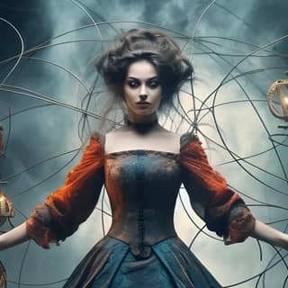 full-body fantastical picture of a four-armed woman, in a dress with a ball of light around her
