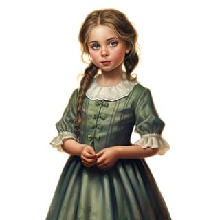 Niña con un vestido victoriano verde y una sonrisa en su rostro, representada en una ilustración realista de un libro infantil.