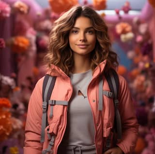 Una chica en una chaqueta rosa rodeada de flores, sosteniendo una mochila y una tarjeta de viaje en poses no convencionales. Estilo brillante y audaz con una paleta de colores rosa claro y ámbar, tomada con una Nikon D850.