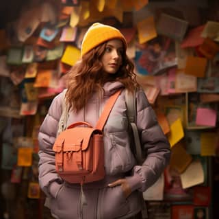 full view girl holding a backpack and a travel card in the style of unconventional poses bright and bold rodenstock imagon