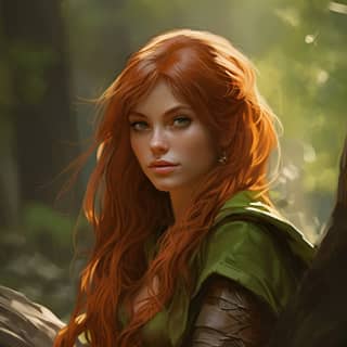 a gorgeous elf with mid-length straight haircut, with red hair sitting in the woods