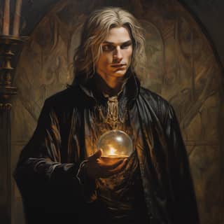 gothic fantasy elven male mage decvictorian art, holding a crystal ball