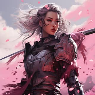 illustration female warrior samurai pink, in armor with a sword in front of pink flowers