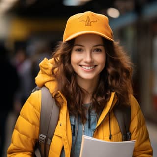 lady with backpack and travelling tablet holding passport for trip in the style of exaggerated poses light orange and light