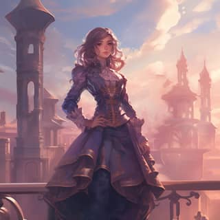 Una donna in abbigliamento steampunk che fa la posta su un balcone della città.
