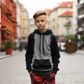 street photography 55mm lens full body 10 year old kid in streetwear clothes in Warsaw city center