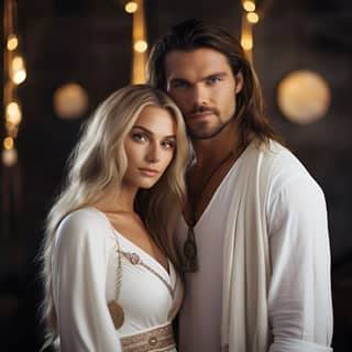 the couple stands side by side and looks ahead in front of them with long blonde hair dressed in a simple white dress and