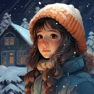 watch it snow, a girl in a winter coat standing in front of a house