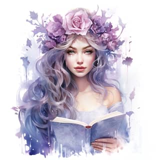 watercolour winter magical lilac fairy crown teeming with lumniscent pretty roses on book of spells icicles snowflakes