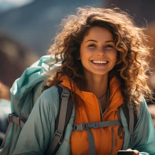 woman with backpack holding a ticket and phone in the style of light orange and light magenta dynamic pose smilecore books