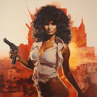 Action poster of Pam Grier in a hollywood set pointing a gun airbrush