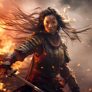 L'ancienne générale Hua Mulan avec de longs cheveux et une épée devant un feu, tenant un long bâton, avec de la poussière sur son visage et des cheveux volant au vent au milieu d'une atmosphère enfumée et déchirée par la guerre.