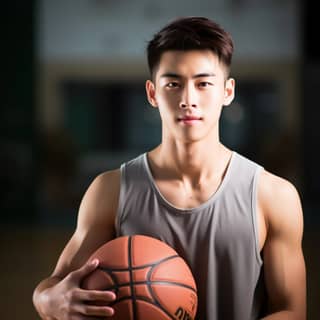 Asiatischer Basketballspieler hält einen Basketball.