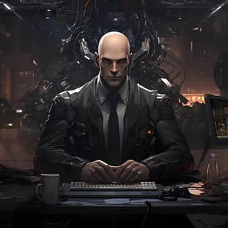 Técnico de computador corporativo careca, cyberpunk, em um terno sentado em uma mesa com um computador.