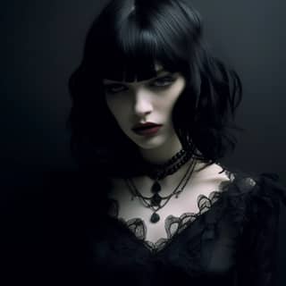 A french female goth with an unsettling twist, with black hair and a black dress