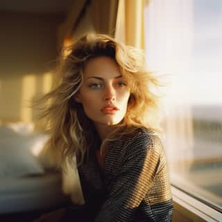 Mujer rubia sentada frente a una ventana en una habitación de hotel.