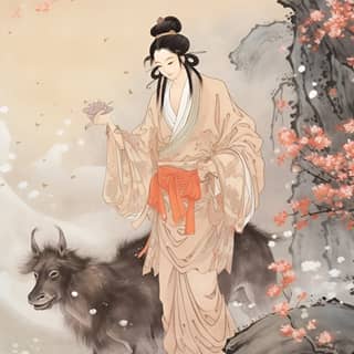 https://s mj --iw 2 text, in a traditional chinese dress with a cow