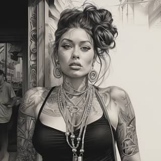 photorealistic black and white pencil drawing of a tattooed girl zoom portrait in differents very expressive face dressed