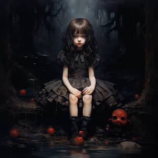 small girl sitting i the deep weel dark colours, a girl sitting in a swamp with red apples