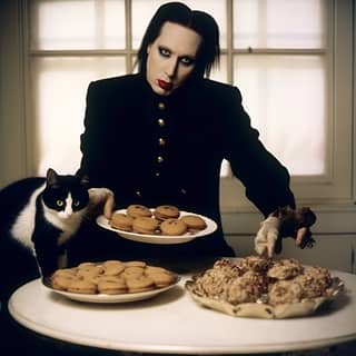 Marilyn Manson presenta un vassoio di biscotti al cioccolato in una cucina in stile vintage degli anni '90 a due gattini carini.