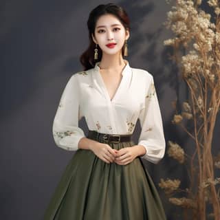 Một người đẹp Hàn Quốc 30 tuổi mặc một chiếc áo blouse hoa trắng và váy dài cùng trang điểm tinh tế và nụ cười thanh lịch.