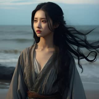 Melancholic beautiful Chinese girl by the sea 2, in a long dress standing on the beach