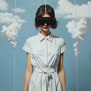 白いドレスを着て、VRヘッドセットをかぶっています。シュールなシンプリシティポートレート