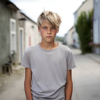 alternative blond young boy wearing a heather grey T-shirt on the streets in gotland arms to the side front view