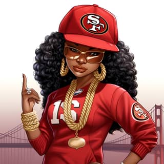 cartoon illustration of a black woman who is a San Franciso 49ers fan wearing sf gold jewelry full length head to toe white