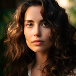 Exprimant la beauté naturelle avec de longs cheveux bouclés, des joues rosées naturelles, une peau saine et lumineuse, et des cheveux soyeux et lâches, étant gentil dans une lumière chaude et une verdure luxuriante, avec des traits du visage détaillés, indiscernables de la réalité.