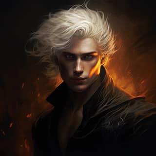 hombre de fantasía con cabello blanco, chaqueta negra, cabello rubio y ojos rojos.