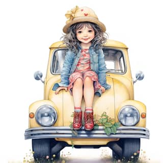 ヴィンテージカーに座ってセクシーな表情でポーズをとるかわいいアジアの女の子