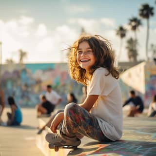 Une fille de 12 ans souriante est assise sur sa planche à roulettes au skatepark de Venice Beach devant une foule.