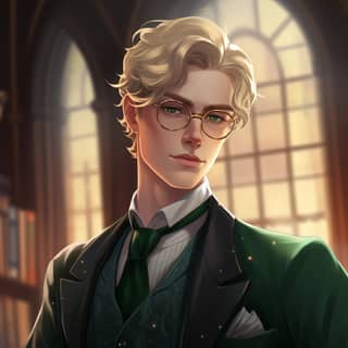 handsome with short blonde hair wearing glasses green eyes clean shaven confident warm kind expression alphonse mucha damask
