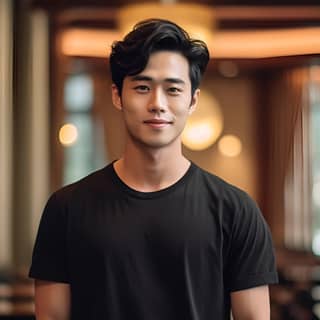 happy Thick black hair A 20-year-old handsome Chinese guy In the hotel lobby during the day Summer Bright light 1