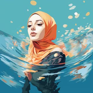 水面に浮かぶヒジャーブとプールに浮いているタンクトップ。