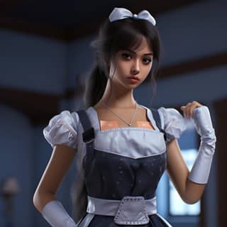 Vray izlenmiş anime sanat tarzında hindu bir hizmetçi kostümü giymiş 3 boyutlu bir kız.