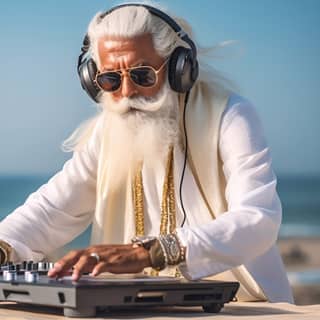 https://s mj run/4KzFiit6B3A in long white hair wearing headphones and dj equipment on a beach in the style of indian pop