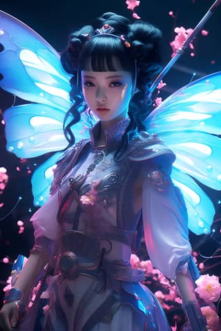 Una ragazza fata con ali blu tiene una spada indossando un hanfu bianco. Porta una lancia ed è accompagnata da una farfalla gigante. Lo stile generale è cyberpunk con luci al neon e colori rosa violacei surreali.